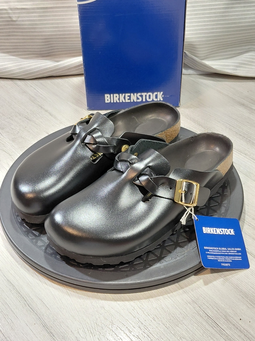 NWT Birkenstock Womens Boston Braided Black High Gloss Premium Leather Clog W7